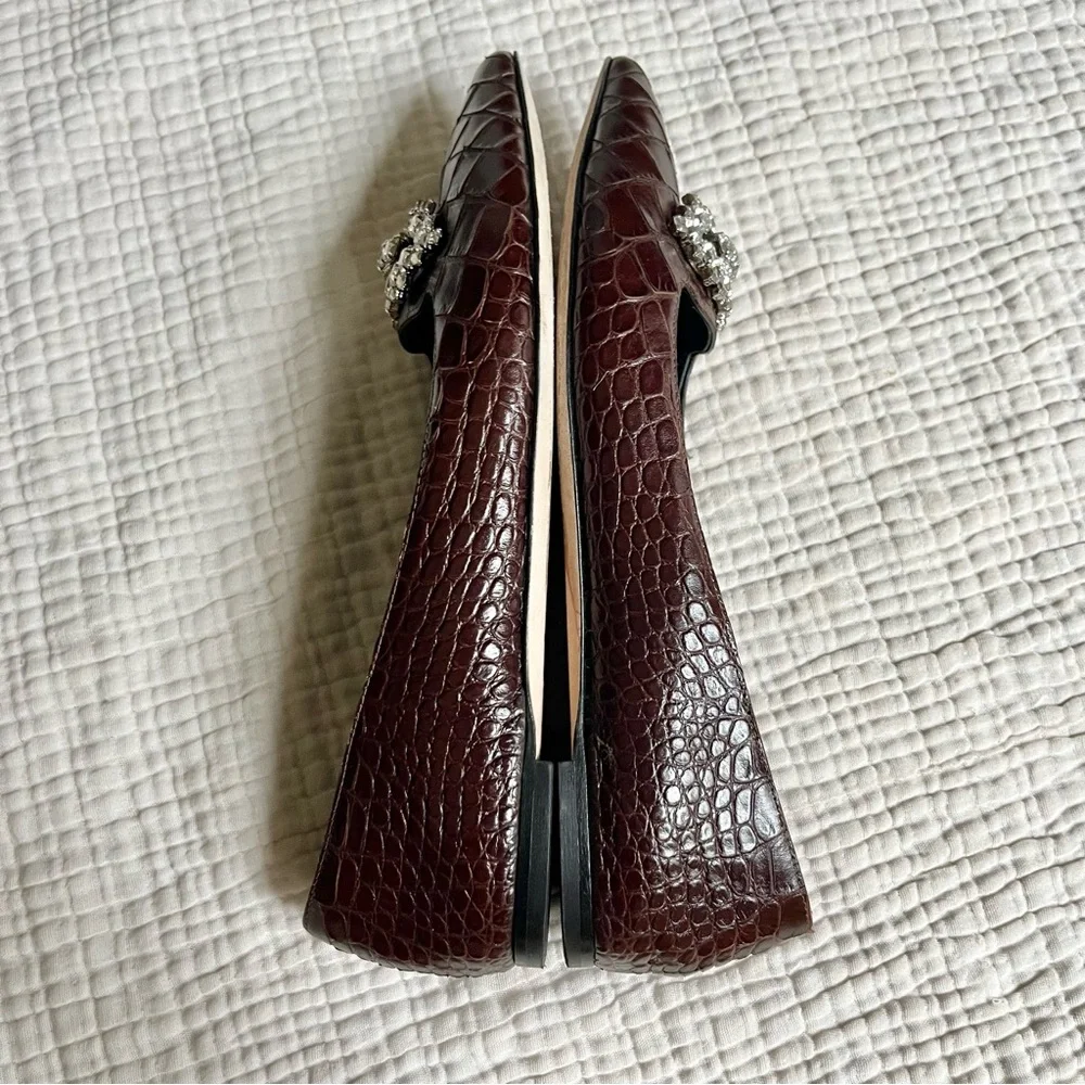 Giuseppe Zanotti Rhinestone Croc Leather Pointed Toe Ballet Flats 38.5